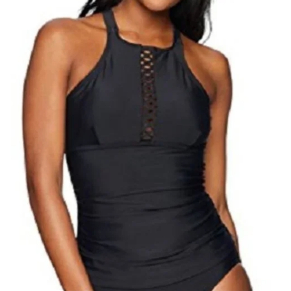 NWT Coastal Blue Plus Size Halter Swim Top in Black